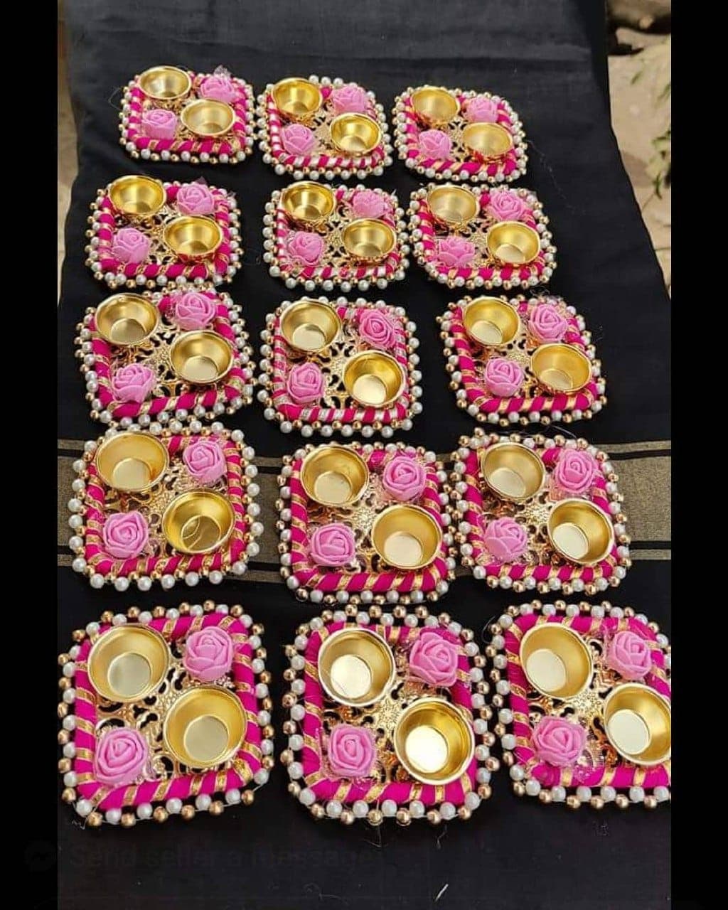 Set of decorative diya gift platters in pink and gold for wedding return gifts and bulk orders