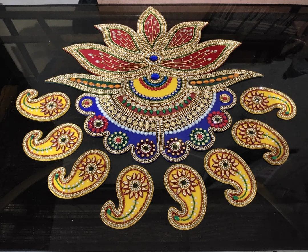Lakshmi padchinh wall art with lotus crown and multicolour kundan work on a black base