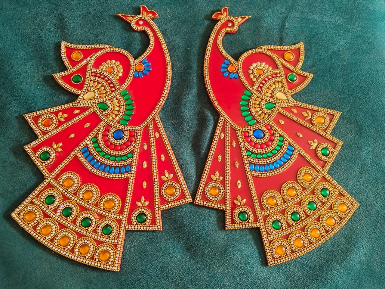 Pair of red peacock wall décor pieces with multicolour gemstone embellishments for the main door