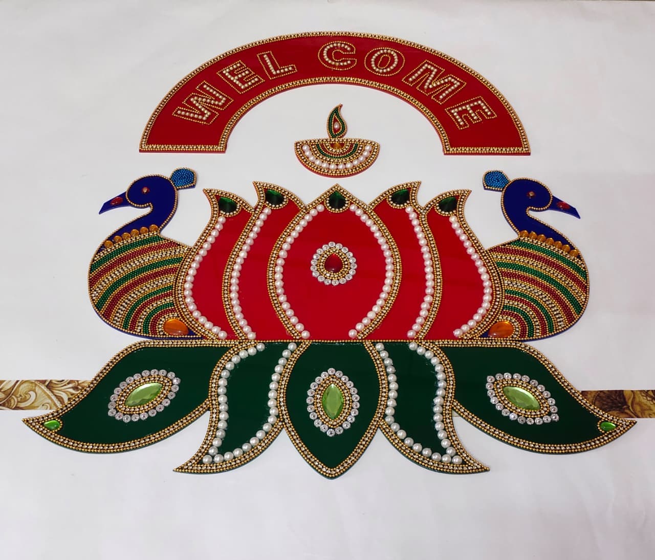 Handcrafted welcome door toran with twin peacocks, lotus and diya motifs in red and green